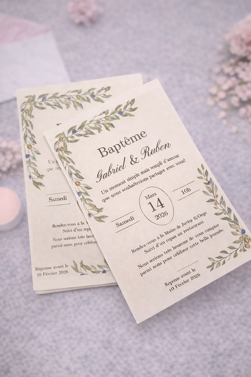 Faire-part de baptême - lot de 10 - Style Botanique & Élégant