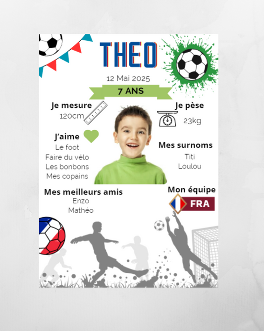 Affiche anniversaire personnalisée foot - affiche photo enfant et bébé