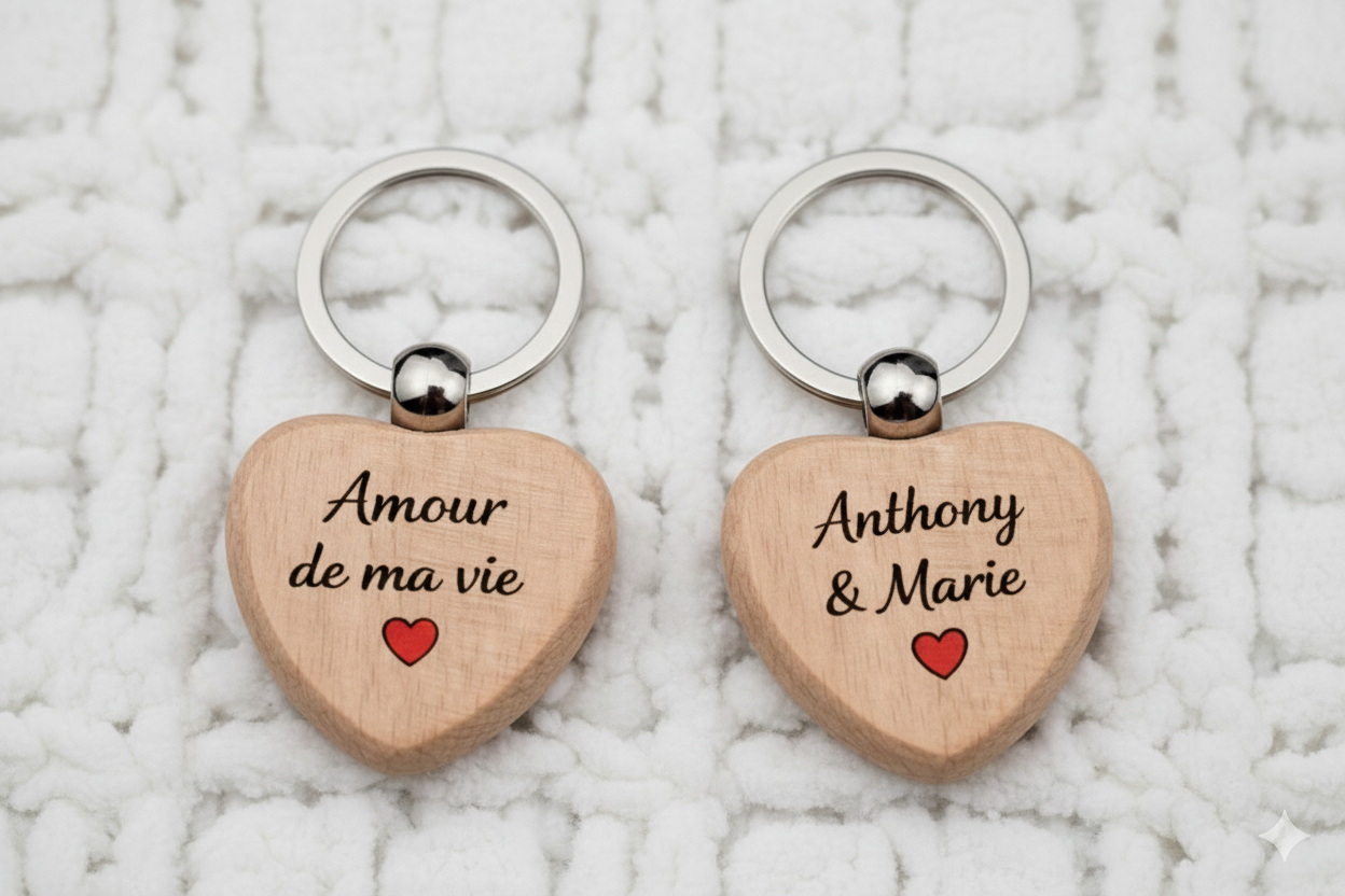 Porte clé personnalisé en bois en forme de coeur
