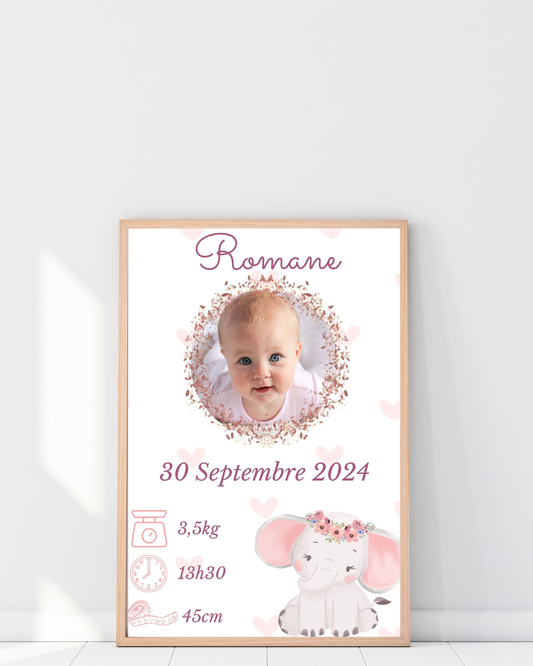 Affiche de naissance personnalisée - photo bébé - décoration murale