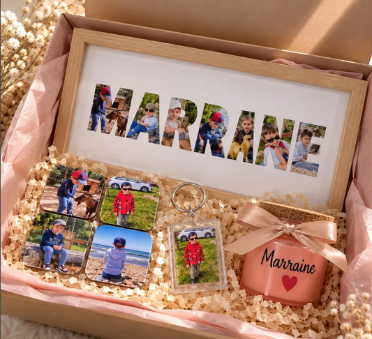 Coffret cadeau Marraine personnalisé – Cadre photo A4, 4 magnets photo, porte-clé photo et bougie Marraine – Idée cadeau