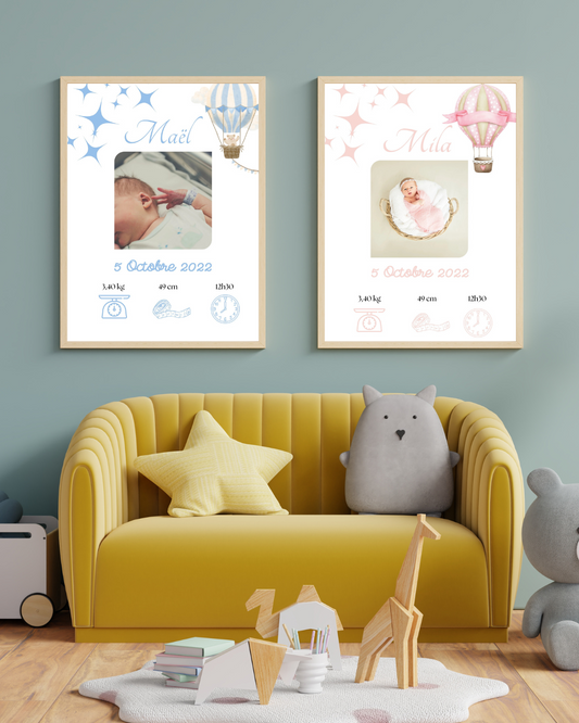 Affiche de naissance personnalisée - Chambre enfant - Bébé