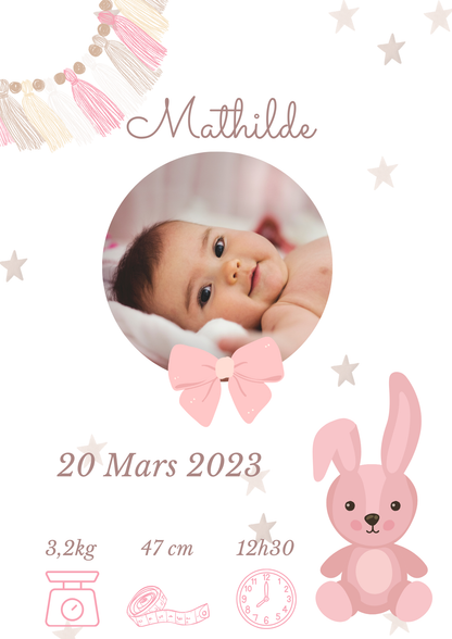 Affiche de naissance personnalisée - photo bébé - décoration murale