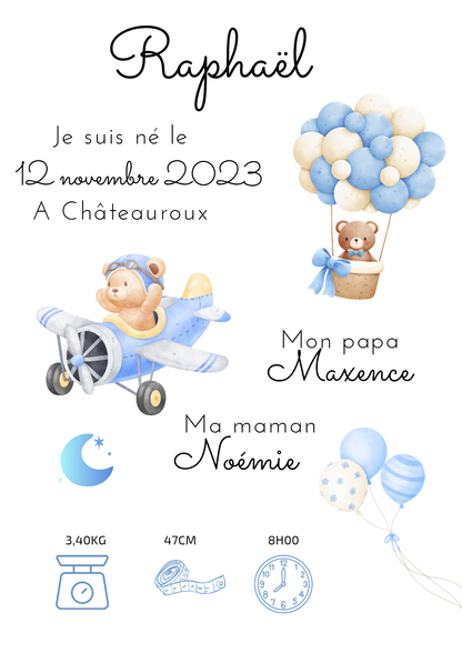 Affiche de naissance personnalisée - Chambre enfant - Décoration murale
