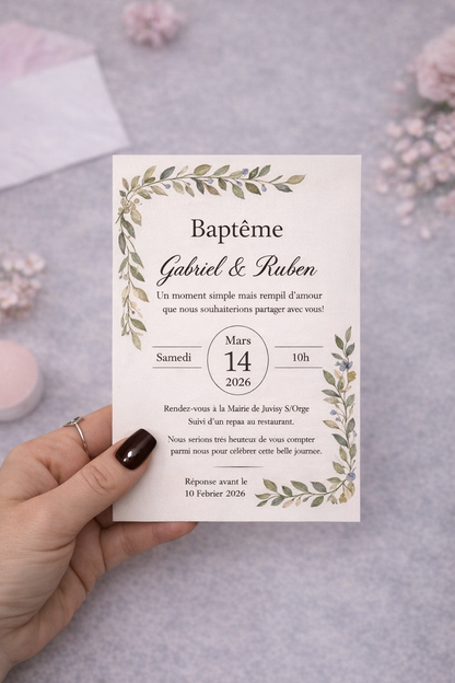 Faire-part de baptême - lot de 10 - Style Botanique & Élégant