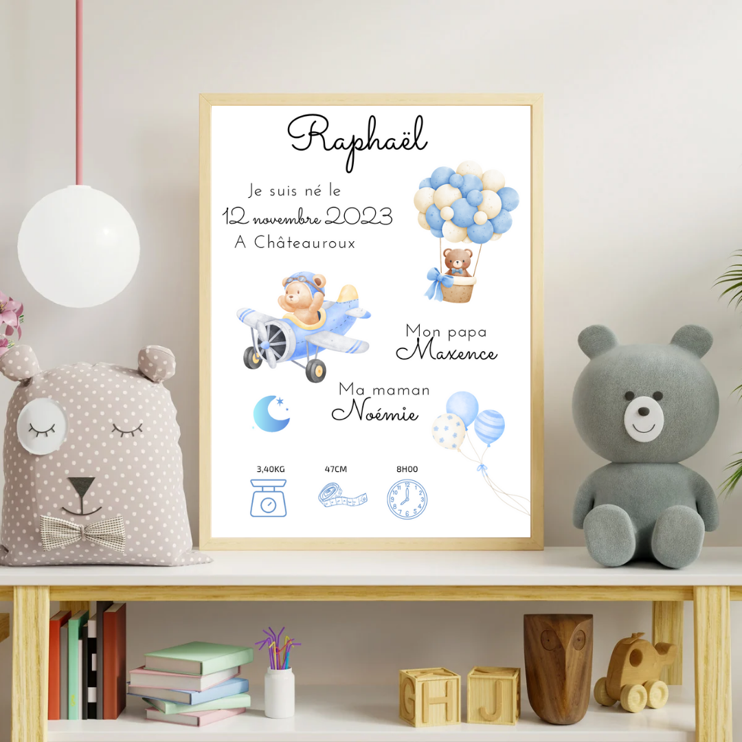 Affiche de naissance personnalisée - Chambre enfant - Décoration murale